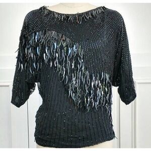 Vintage Oleg Cassini Black Tie Top Silk Medium Seeded Beaded Sequin Formal Party